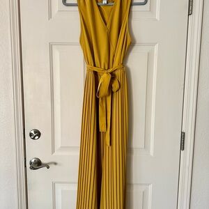 Sleeveless Pleated Maxi Dress Faux Wrap Belted Ochre Mustard Gold